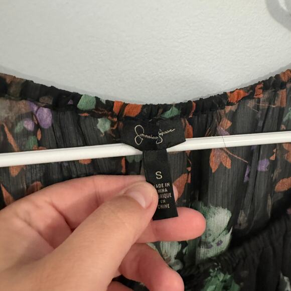 Jessica Simpson Black Floral Drop Waist Mini Dress Size Small Long Sleeves - Picture 2 of 9